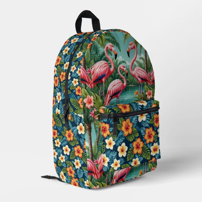 Tropischer Flamingo Hawaiian Vacation Rucksack (Rückseitige Ecke links)