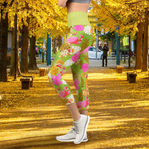 Tropischer Flamingo Limettengrün Capri Leggings