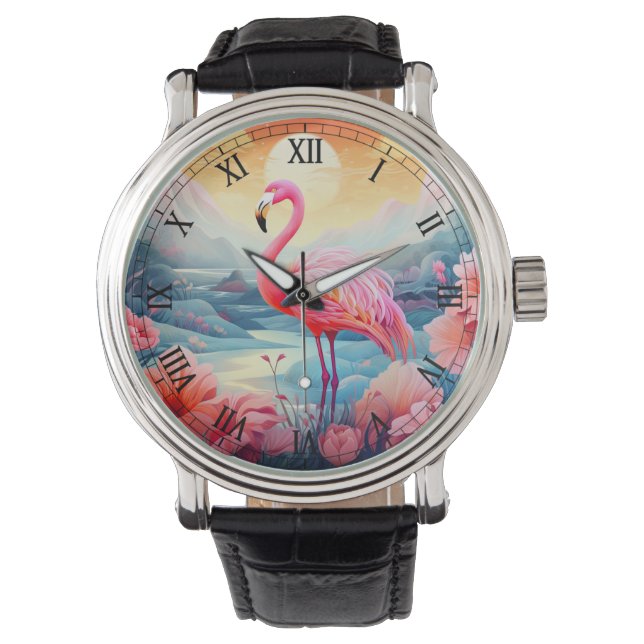 Tropischer Flamingo mit Blume-76280 Armbanduhr (Vorderseite)