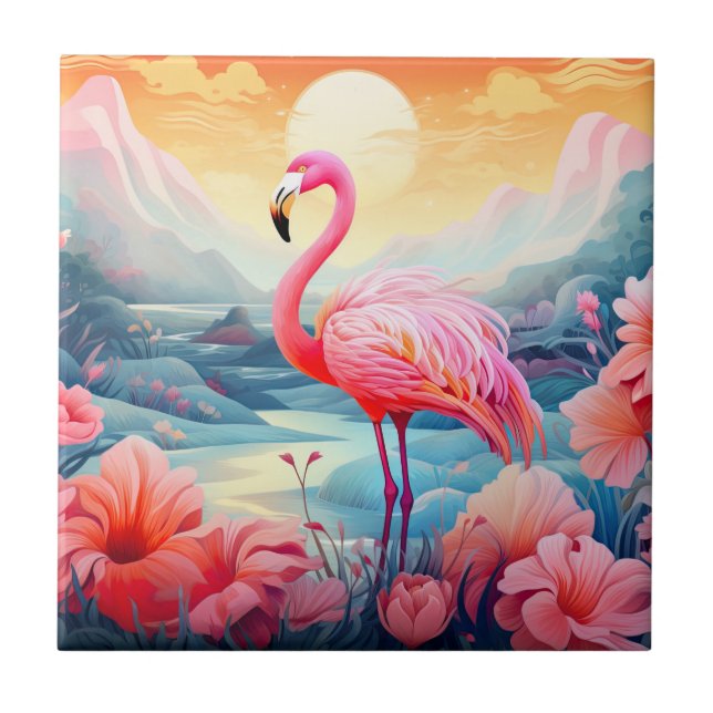 Tropischer Flamingo mit Blume-76280 Fliese (Vorderseite)