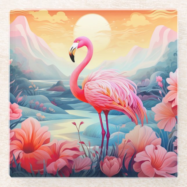 Tropischer Flamingo mit Blume-76280 Glasuntersetzer (Vorderseite)
