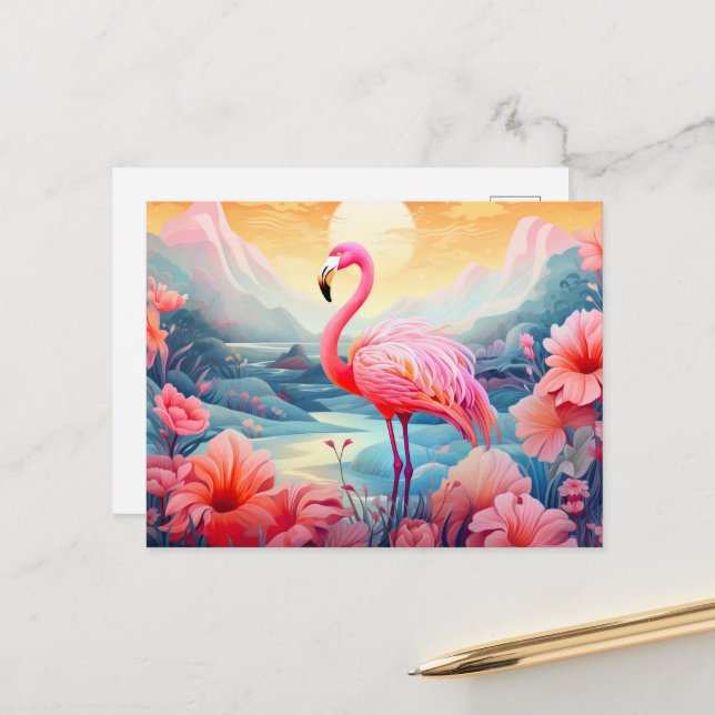 Tropischer Flamingo mit Blume-76280 Postkarte (Vorderseite/Rückseite Beispiel)