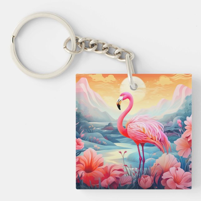 Tropischer Flamingo mit Blume-76280 Schlüsselanhänger (Vorderseite)