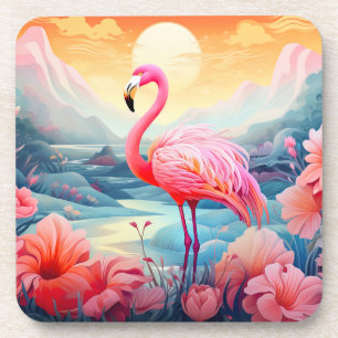 Tropischer Flamingo mit Blumen Getränkeuntersetzer