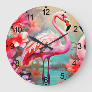 Tropischer Flamingo mit Blumen Große Wanduhr