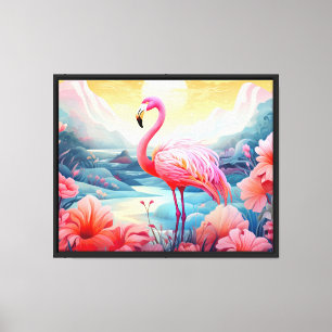 Tropischer Flamingo mit Blumen Leinwanddruck