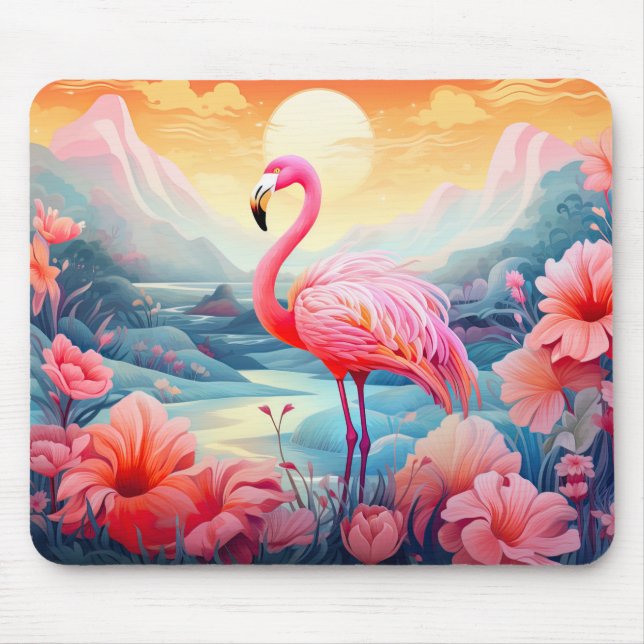 Tropischer Flamingo mit Blumen Mousepad (Vorne)