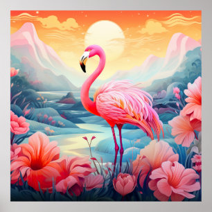 Tropischer Flamingo mit Blumen Poster