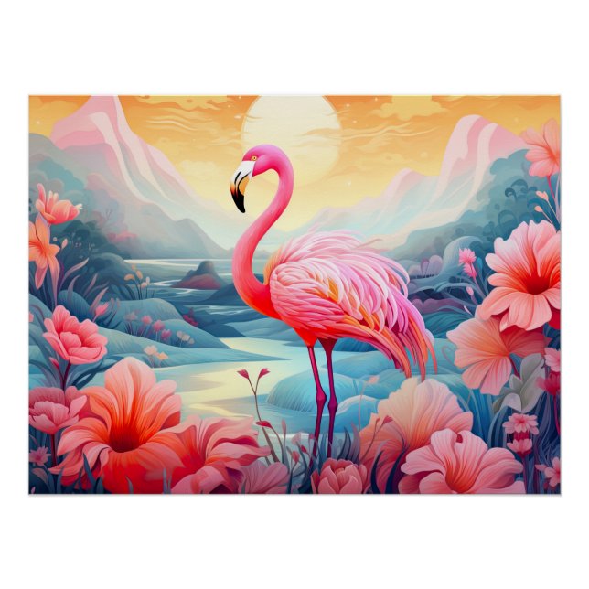 Tropischer Flamingo mit Blumen Poster (Vorderseite)