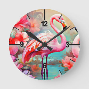 Tropischer Flamingo mit Blumen Runde Wanduhr