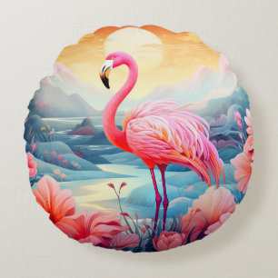 Tropischer Flamingo mit Blumen Rundes Kissen