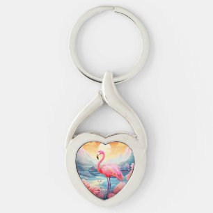 Tropischer Flamingo mit Blumen Schlüsselanhänger