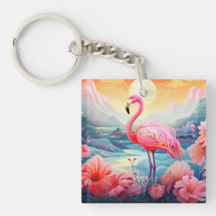 Tropischer Flamingo mit Blumen Schlüsselanhänger