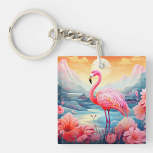 Tropischer Flamingo mit Blumen Schlüsselanhänger