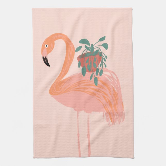 Tropischer Flamingo mit gepolsterter Pflanze Hand  Geschirrtuch (Vertikal)