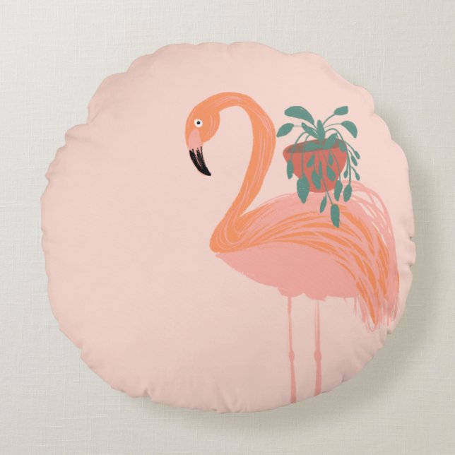 Tropischer Flamingo mit gepolsterter Pflanze Hand  Rundes Kissen (Vorderseite)