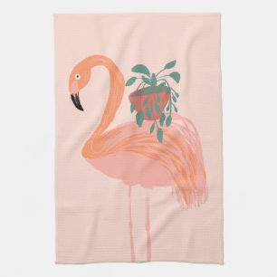 Tropischer Flamingo mit getopfter Pflanze Handgeze Geschirrtuch