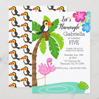 Tropischer Flamingo mit Toucan Geburtstag Einladung
