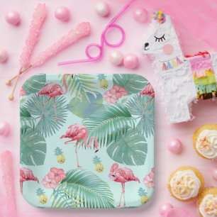 Tropischer Flamingo, Palmen, Ananas Muster ID926 Pappteller