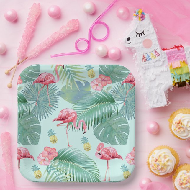 Tropischer Flamingo, Palmen, Ananas Muster ID926 Pappteller (Party)