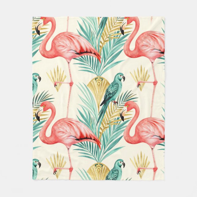Tropischer Flamingo-Papageien-Dschungel Fleecedecke (Vorderseite)