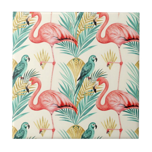 Tropischer Flamingo-Papageien-Dschungel Fliese (Vorderseite)