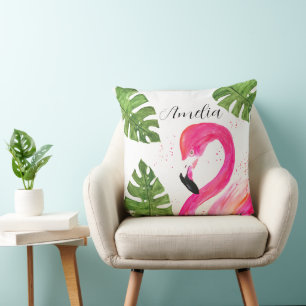Tropischer Flamingo Pink Palm Blätter Grüne Kunst Kissen