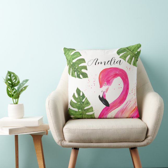Tropischer Flamingo Pink Palm Blätter Grüne Kunst  Kissen (Stuhl )