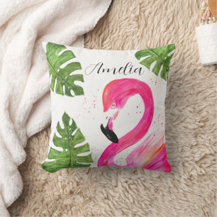 Tropischer Flamingo Pink Palm Blätter Grüne Kunst Kissen
