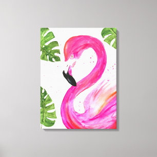Tropischer Flamingo Pink Palm Blätter Grüne Kunst  Leinwanddruck