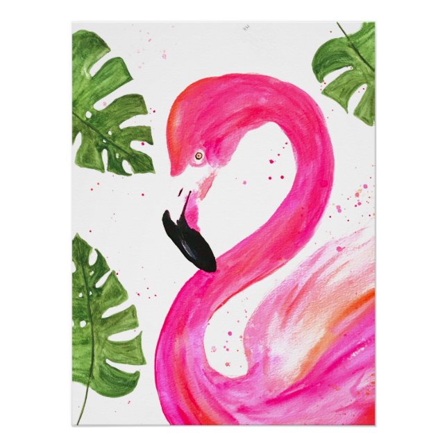 Tropischer Flamingo Pink Palm Blätter Grüne Kunst  Poster (Vorderseite)