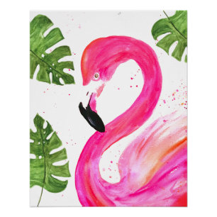 Tropischer Flamingo Pink Palm Blätter Grüne Kunst Poster
