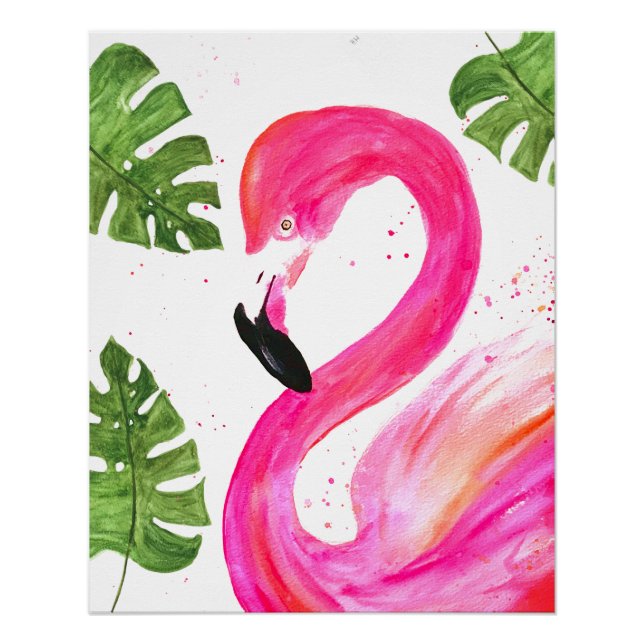 Tropischer Flamingo Pink Palm Blätter Grüne Kunst  Poster (Vorderseite)
