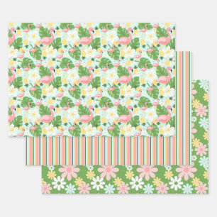 Tropischer Flamingo Retro Daisy Blume Streifen Wra Geschenkpapier Set