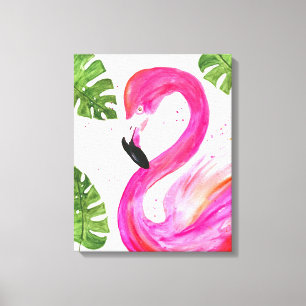 Tropischer Flamingo Rosa Palmenblätter Grüne Kunst Leinwanddruck