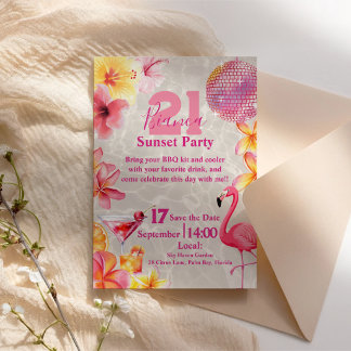 Tropischer Flamingo-Sonnenuntergangs-Party-Geburts Einladung