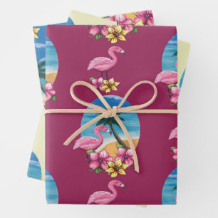 Tropischer Flamingo Strand, Palmen Tree und Blume Geschenkpapier Set