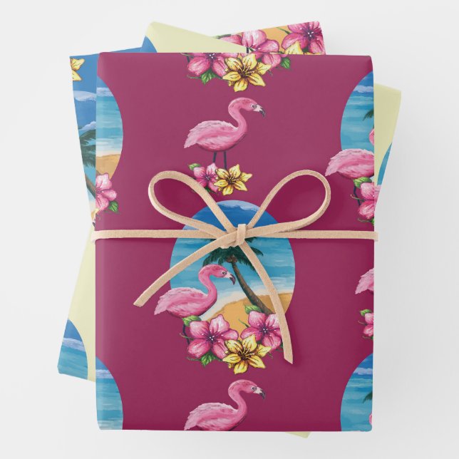 Tropischer Flamingo Strand, Palmen Tree und Blume Geschenkpapier Set (Beispiel)