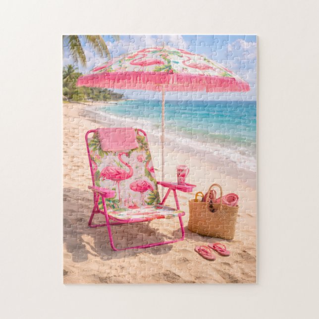 Tropischer Flamingo Strandstuhl & Sonnenschirm Puzzle (Vertikal)