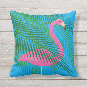 Tropischer Flamingo u. Palmblätter auf dem Blau - Kissen