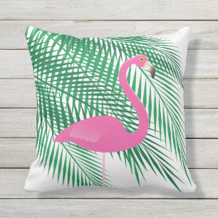 Tropischer Flamingo u. Palmblätter auf dem Weiß  Kissen Für Draußen