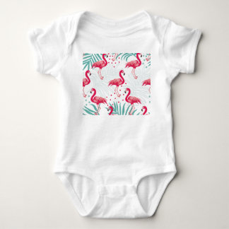 Tropischer Flamingo und Blätter, Sommermuster. Baby Strampler