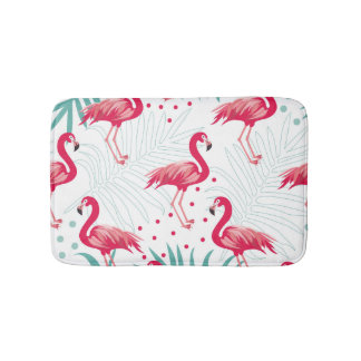 Tropischer Flamingo und Blätter, Sommermuster. Badematte
