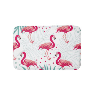 Tropischer Flamingo und Blätter, Sommermuster. Badematte