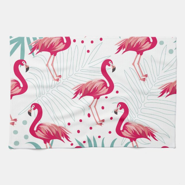 Tropischer Flamingo und Blätter, Sommermuster. Geschirrtuch (Horizontal)