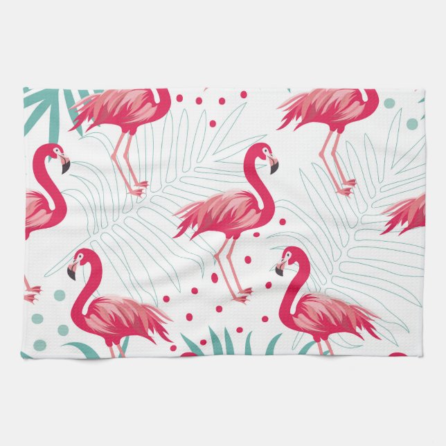 Tropischer Flamingo und Blätter, Sommermuster. Geschirrtuch (Horizontal)