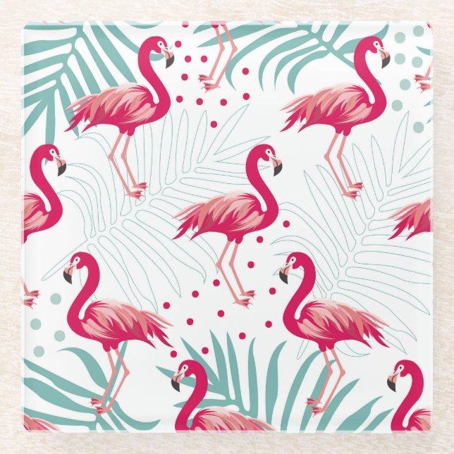 Tropischer Flamingo und Blätter, Sommermuster. Glasuntersetzer (Vorderseite)