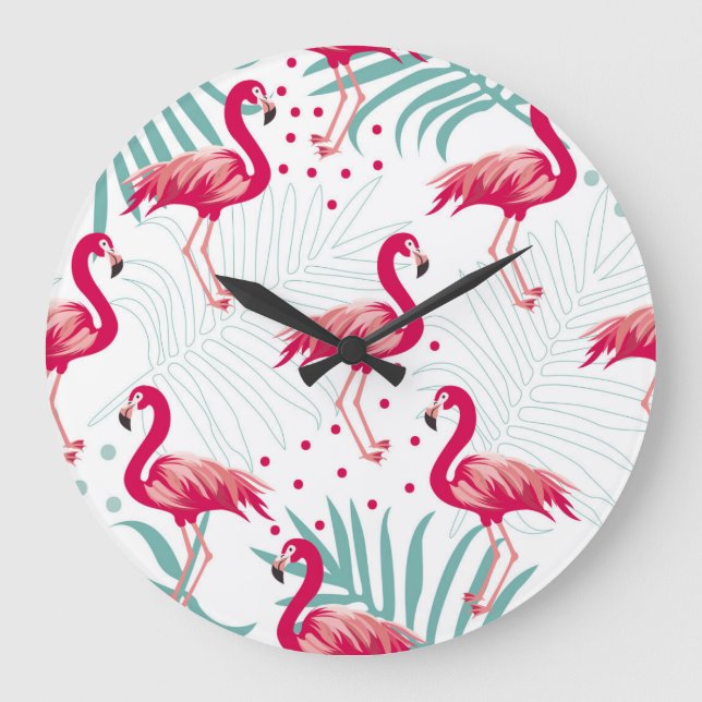 Tropischer Flamingo und Blätter, Sommermuster. Große Wanduhr (Vorderseite)