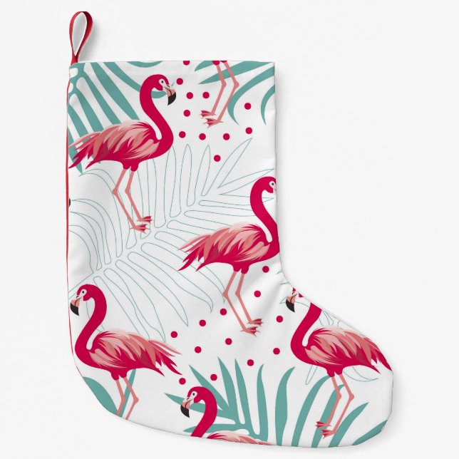 Tropischer Flamingo und Blätter, Sommermuster. Kleiner Weihnachtsstrumpf (Vorderseite)