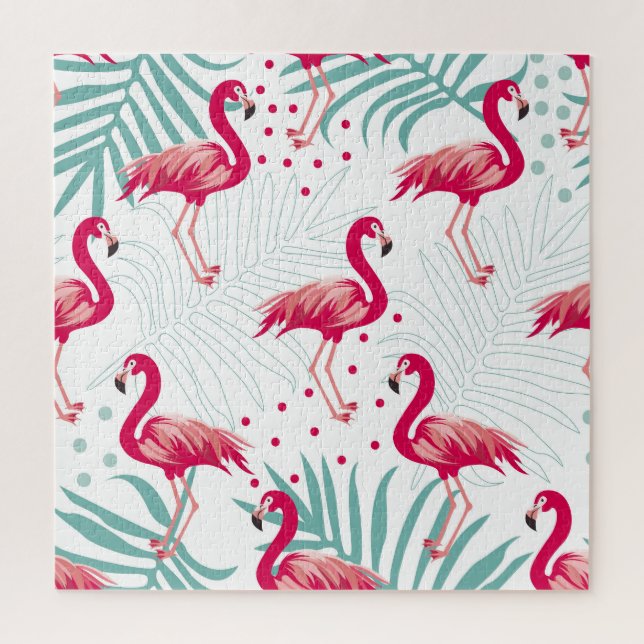 Tropischer Flamingo und Blätter, Sommermuster. Puzzle (Vertikal)